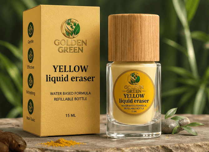 Golden Green Yellow Liquid Eraser bottle with its retail box packaging